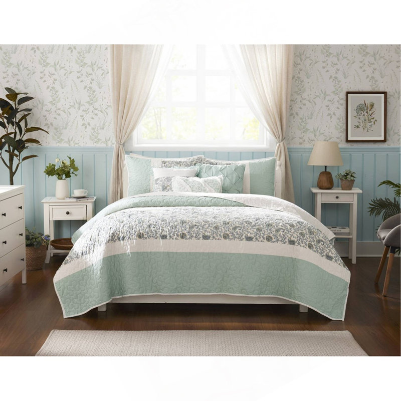 6 Piece Cotton Percale Quilt Set With Throw Pillows Aqua Full/Queen, Aqua, Queen Quilt + 5 Additional Pieces