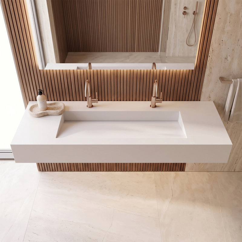Pyramid 60" Wall Mounted Rectangular Solid Surface Bathroom Trough Sink in Matte Finish - White, With Faucet Holes, White