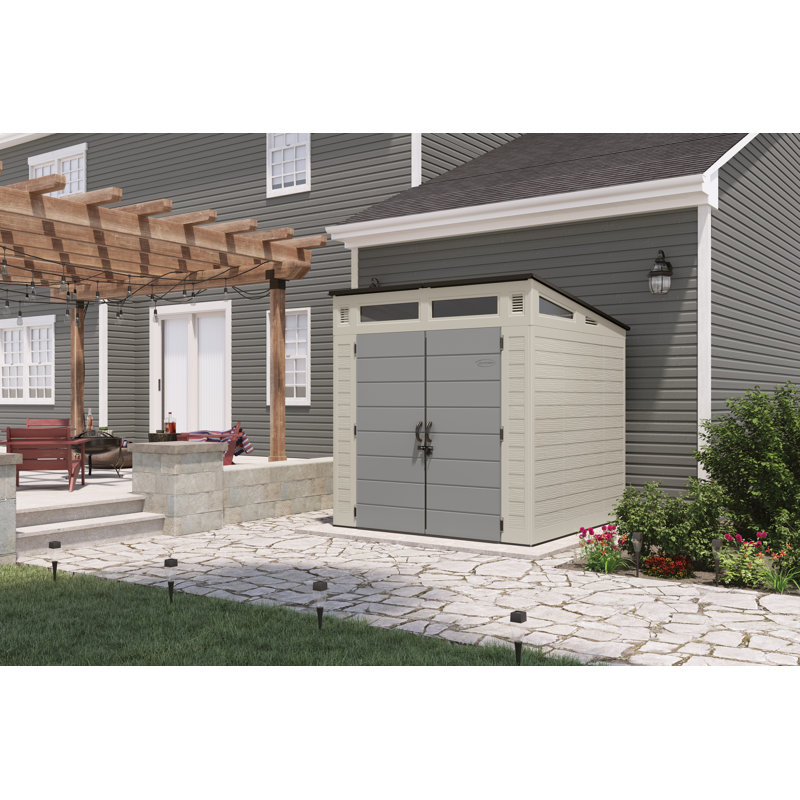 Suncast 86.5 in. W x 87.5 in. D Resin Storage Shed with Double Doors, Made in the USA, Vanilla