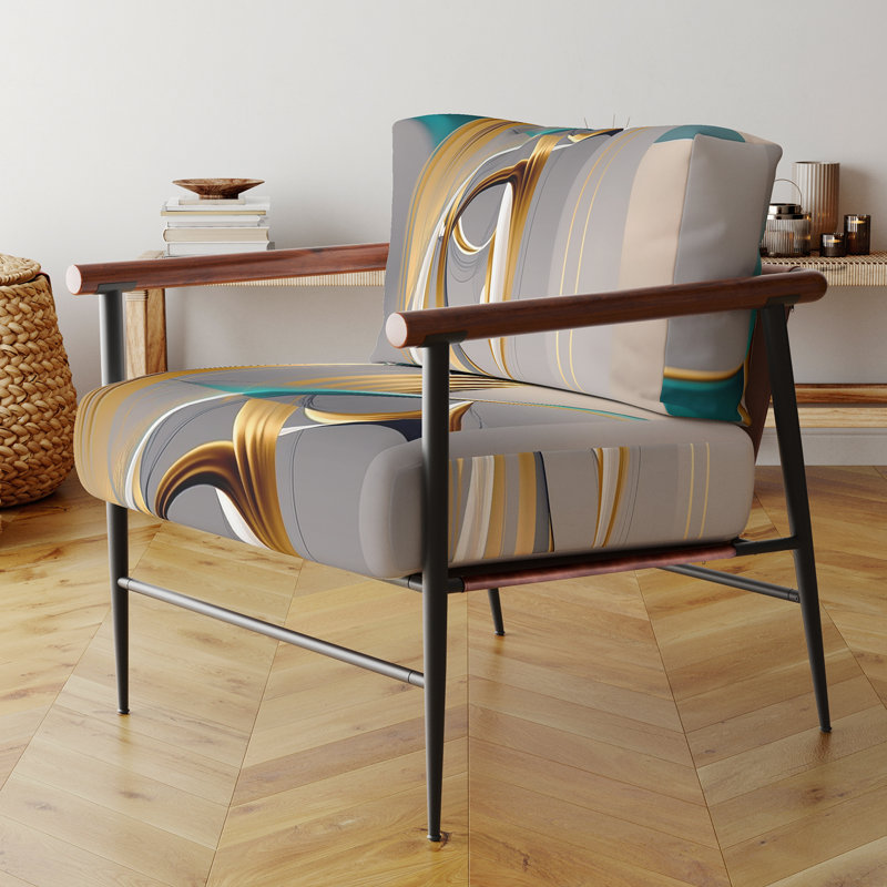 Minimal Gold Abstraction On Turquoise Horizon I - Fauteuil rembourré à motif moderne, fauteuil d'appoint à motif moderne