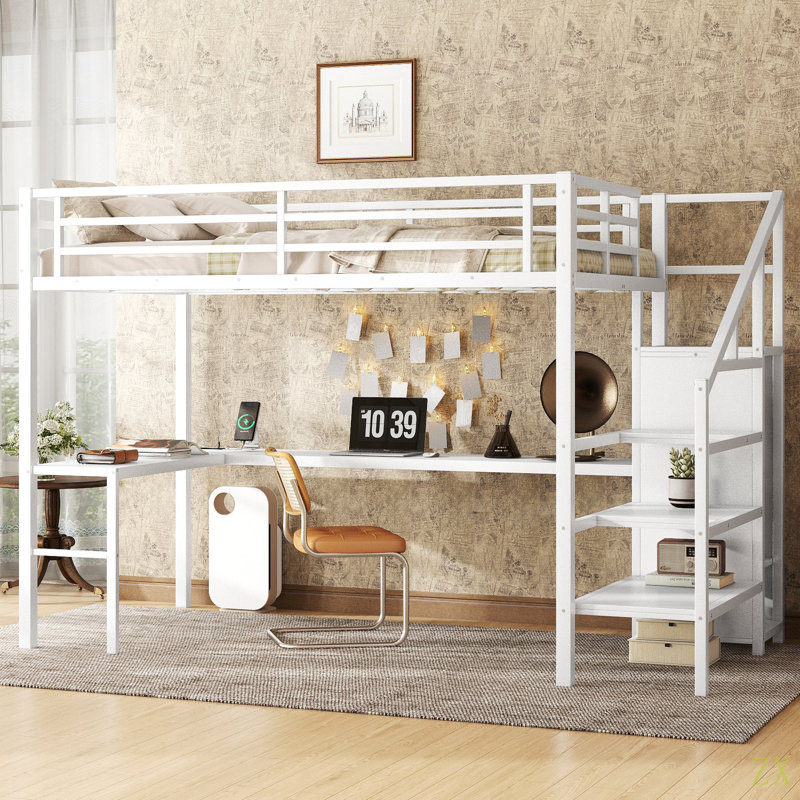 Lit mezzanine double avec bureau en L et port USB, lit mezzanine en métal avec garde-robe et tablette réglable, lit mezzanine haut avec DEL pour enfants, adolescents, adultes