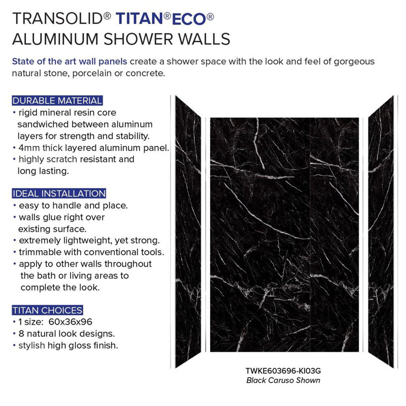 Titan 60" x 36" x 96" Black Glossy Eco Shower Wall Kit