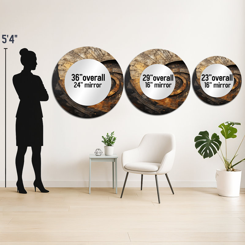 Or noir Timeless Turn I - miroir décoratif spirales abstraites, miroir mural rond doré, impression d'art en métal