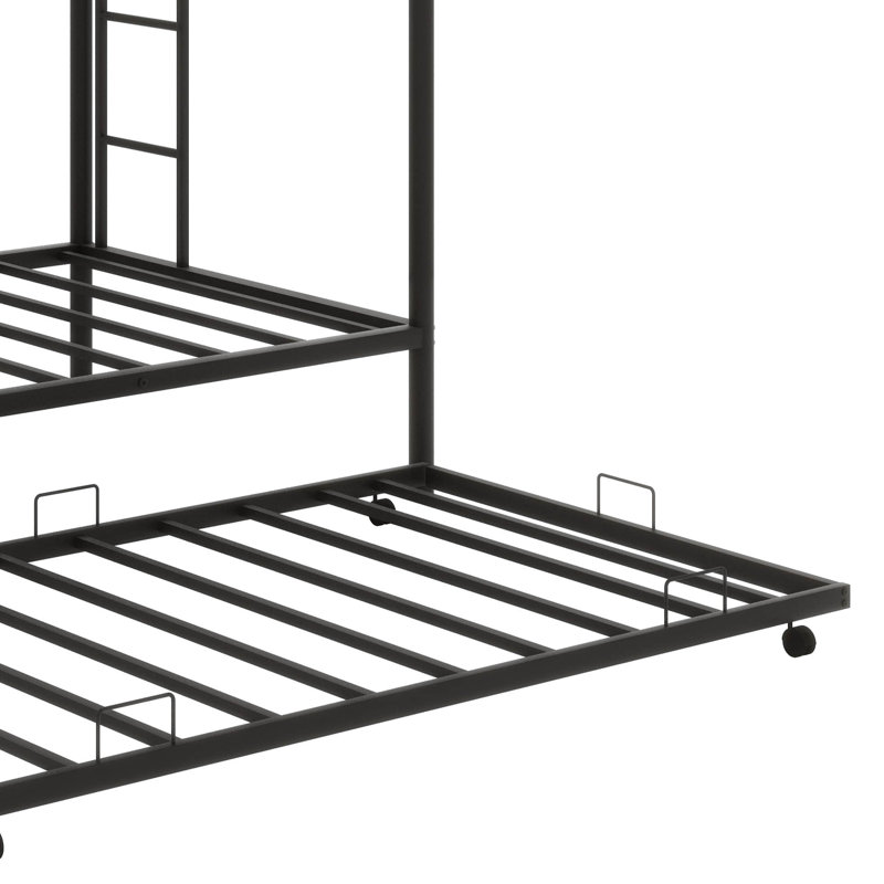 Twin Over Twin Metal Bunk Bed With Trundle, Two Ladders, And Secure Guardrails, Black