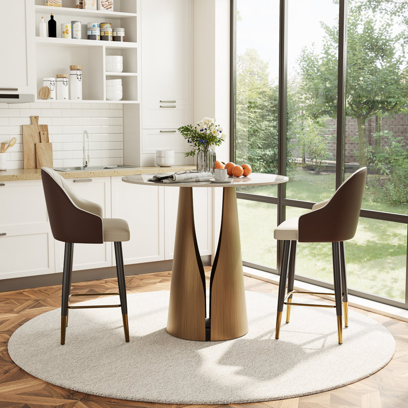 35" Modern Round Counter Height Table For 2-4 People , Pandora Glossy Small Round Dining Table For Kitchen Or Small Spaces With Bronze Base, Counter Height Bar Table For Families