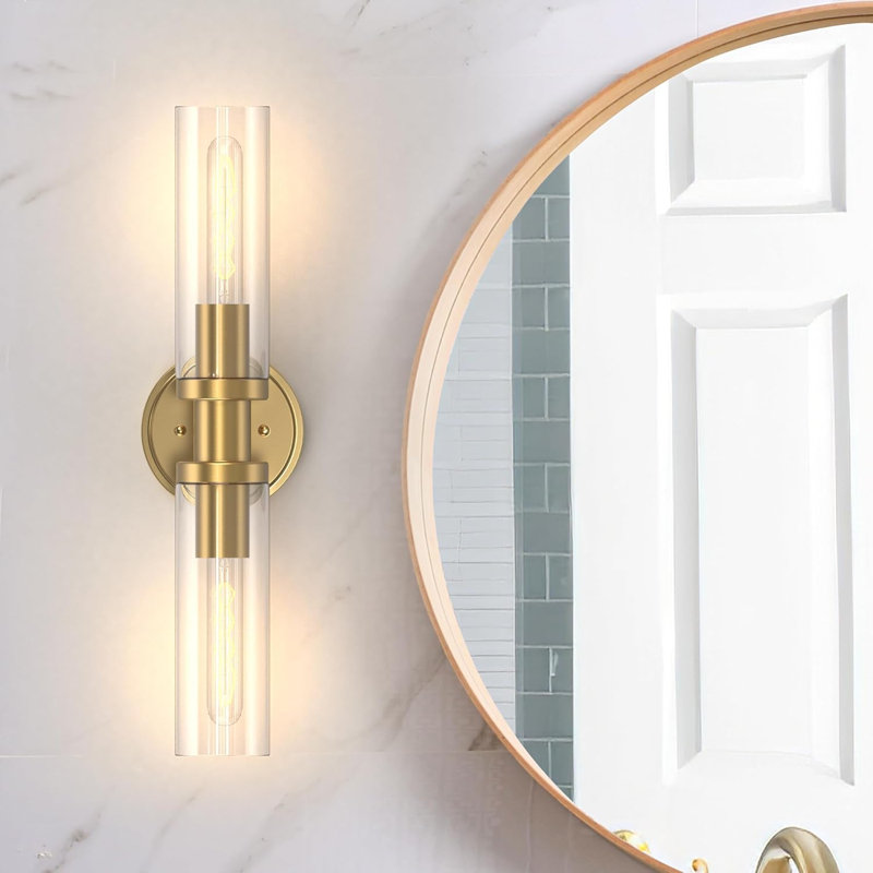 Luminaire de meuble-lavabo moderne avec abat-jour en verre, finition dorée brossée, fixation verticale ou horizontale réglable, base E26, applique murale à intensité variable pour miroir