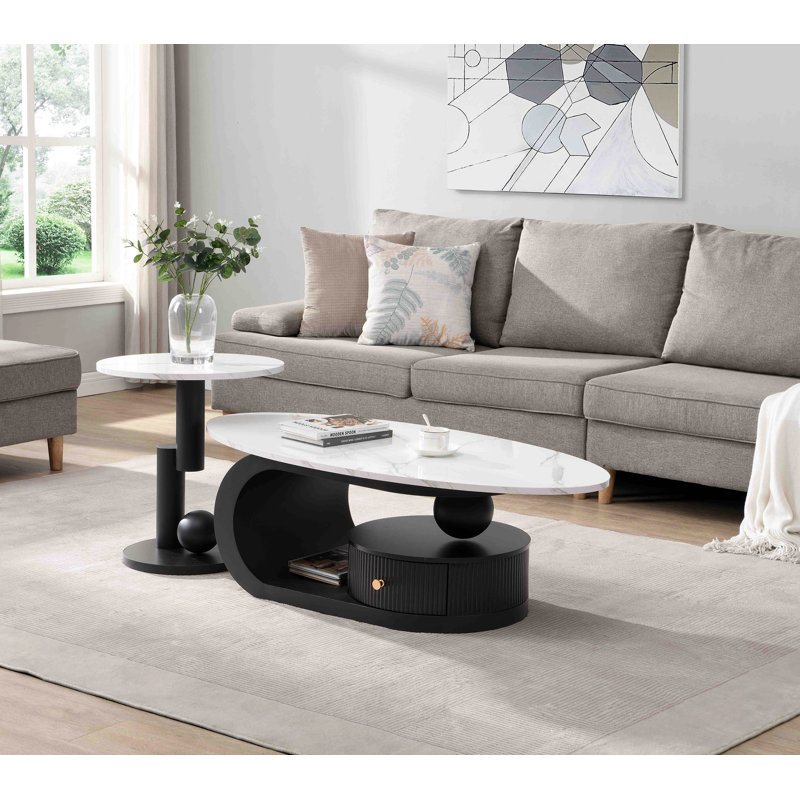 Ensemble de 2 tables de bout pour salon, ovale et ronde Modern Modern, 15.82" H x 47.24" W x 23.62" D, White / Black
