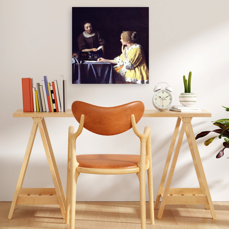 Lady Maidservant Holding Letter Classic Contemporary Orchid Violet Wall Art Print by Johannes Vermeer - Wrapped Canvas Print