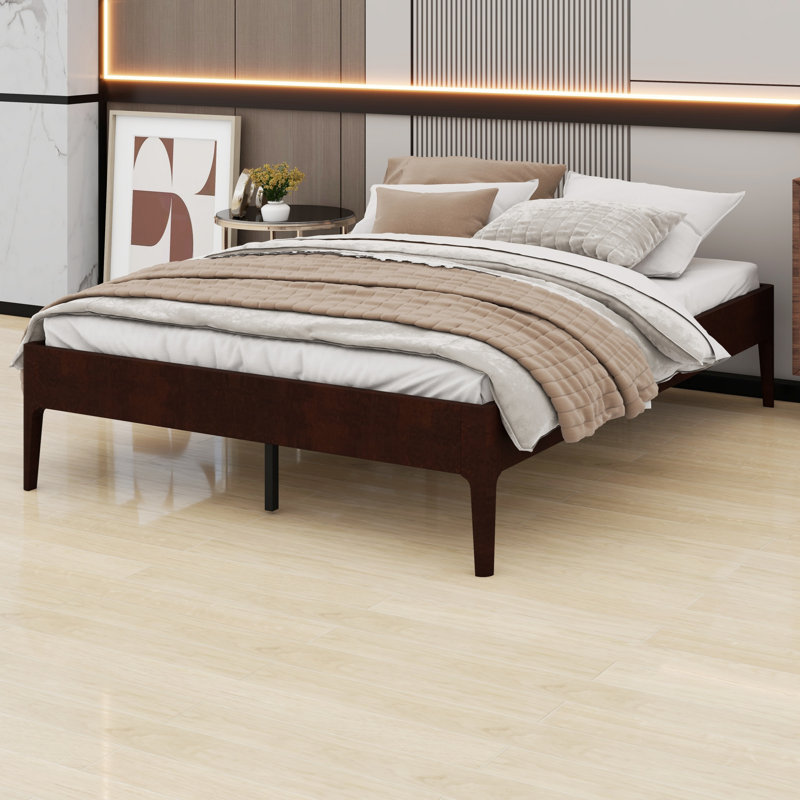 Modern Wood Platform Bed Frame with Wood Slats & Reliable Metal Support, Chocolate