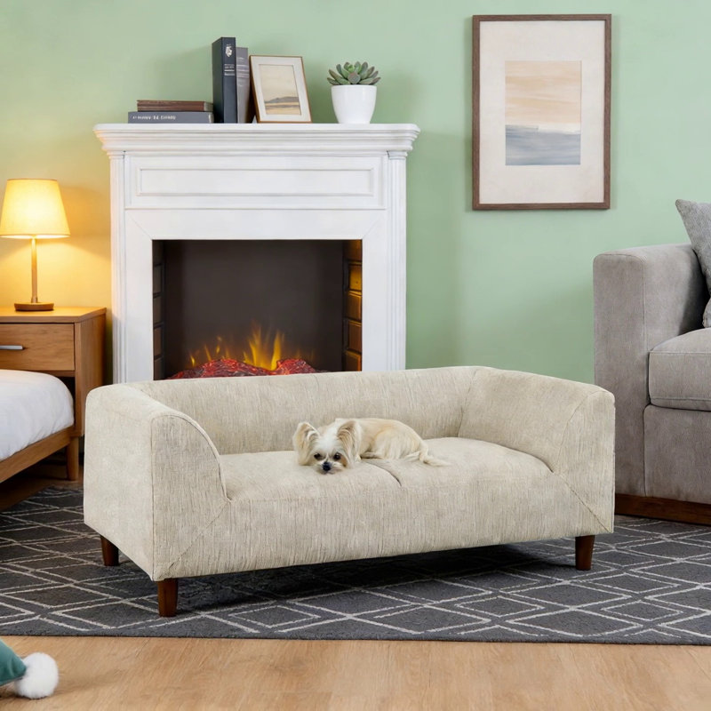 Canapé rectangulaire moderne pour animaux avec dossier et accoudoirs, coussin moelleux pour petits et moyens chiens, Beige