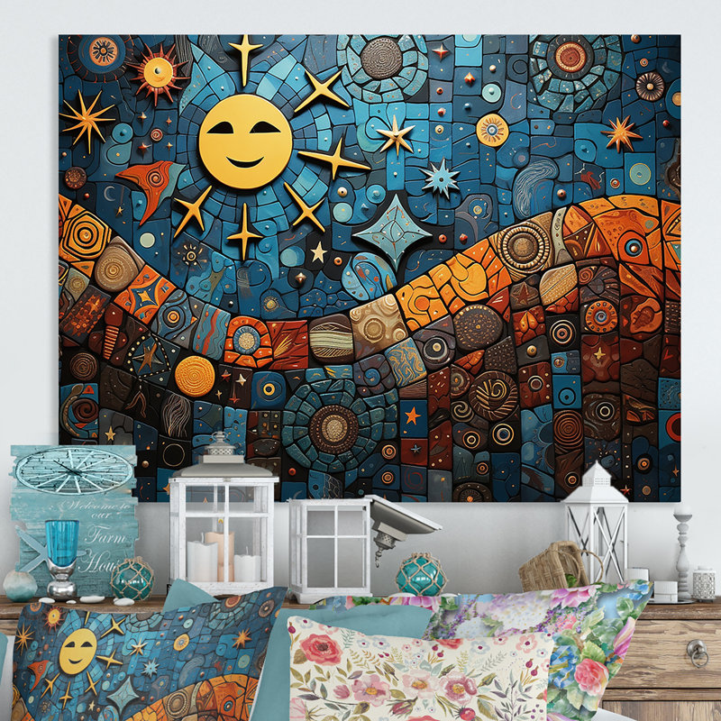 Mélange de mosaïques bleues et oranges - Décoration murale mosaïque bohème en métal MT136332, H 16 po x l 32 po x P 1 po