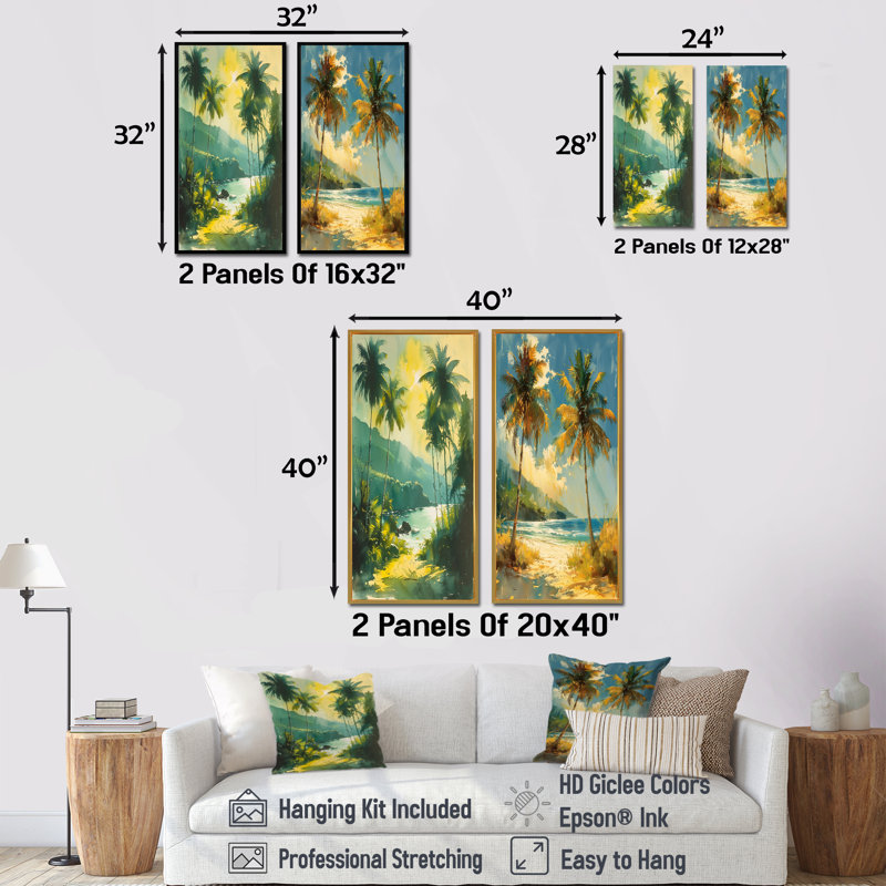 Ensemble de 2 palmiers vert et jaune Swaying I - palmiers et palmiers, H 40 po x l 40 po, Impression encadrée, Doré