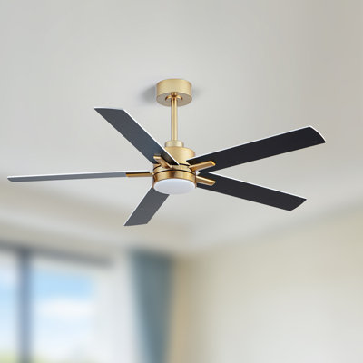 52 in. White / Black 5-Blade Gold Finish 6-Speed Ceiling Mount Standard Ceiling Fan with Integrated LED, Remote Included
