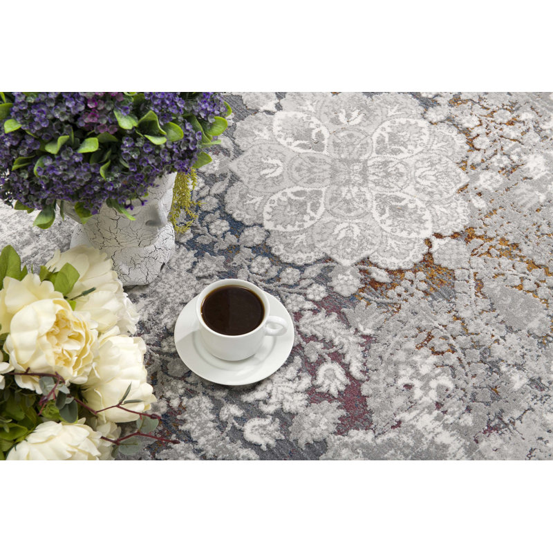Rug Branch Seren 4' x 6' (3'9" x 5'6") Grey/Beige Distressed Medallion Indoor Area Rug, Comtemporary, High Pile, Stain-Resistant Carpet - Living Room, Bedroom, Dining Room, and Kitchen