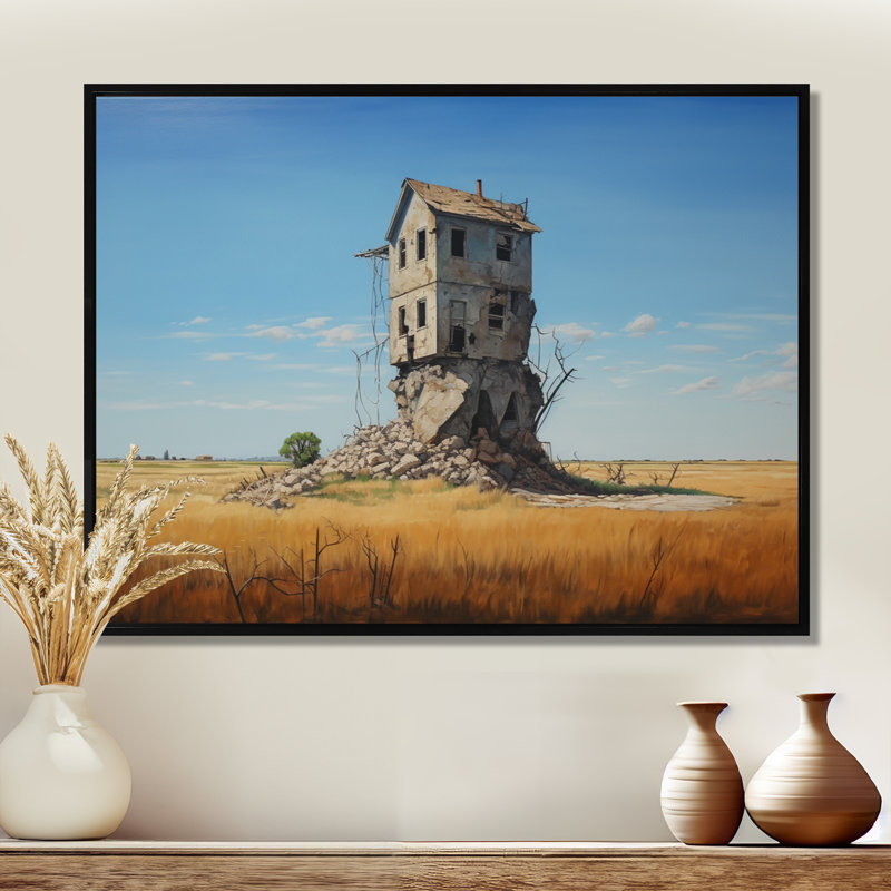 Abandonné Lonely Country House On The Prairie - Art mural paysage, Toile avec cadre flottant noir, H 16 po x l 32 po x P 1 po