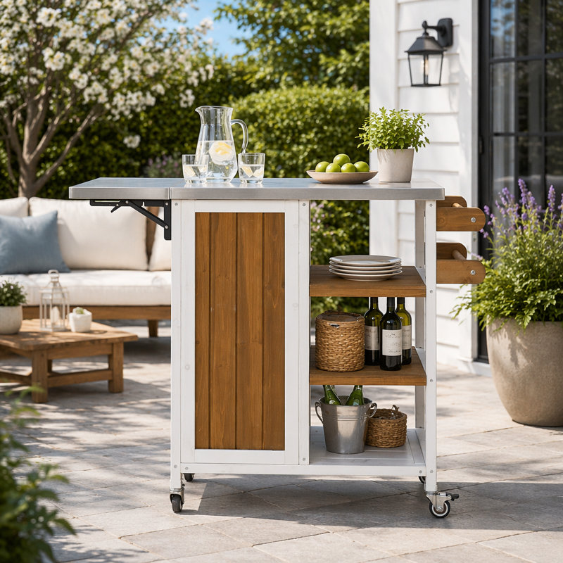 Îlot de cuisine extérieur pliable avec rangement et roues verrouillables, Brun / Blanc
