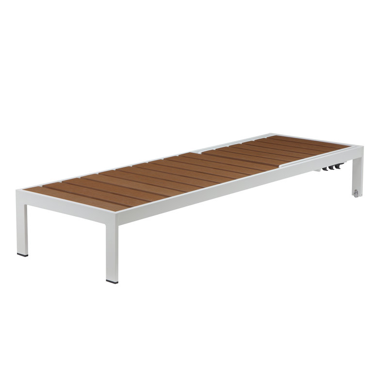 Aynura Outdoor Aluminum Chaise Lounge with Adjustable Recline, Poly Resin Planks, Wheels, White Frame and Teak Polyresin Planks