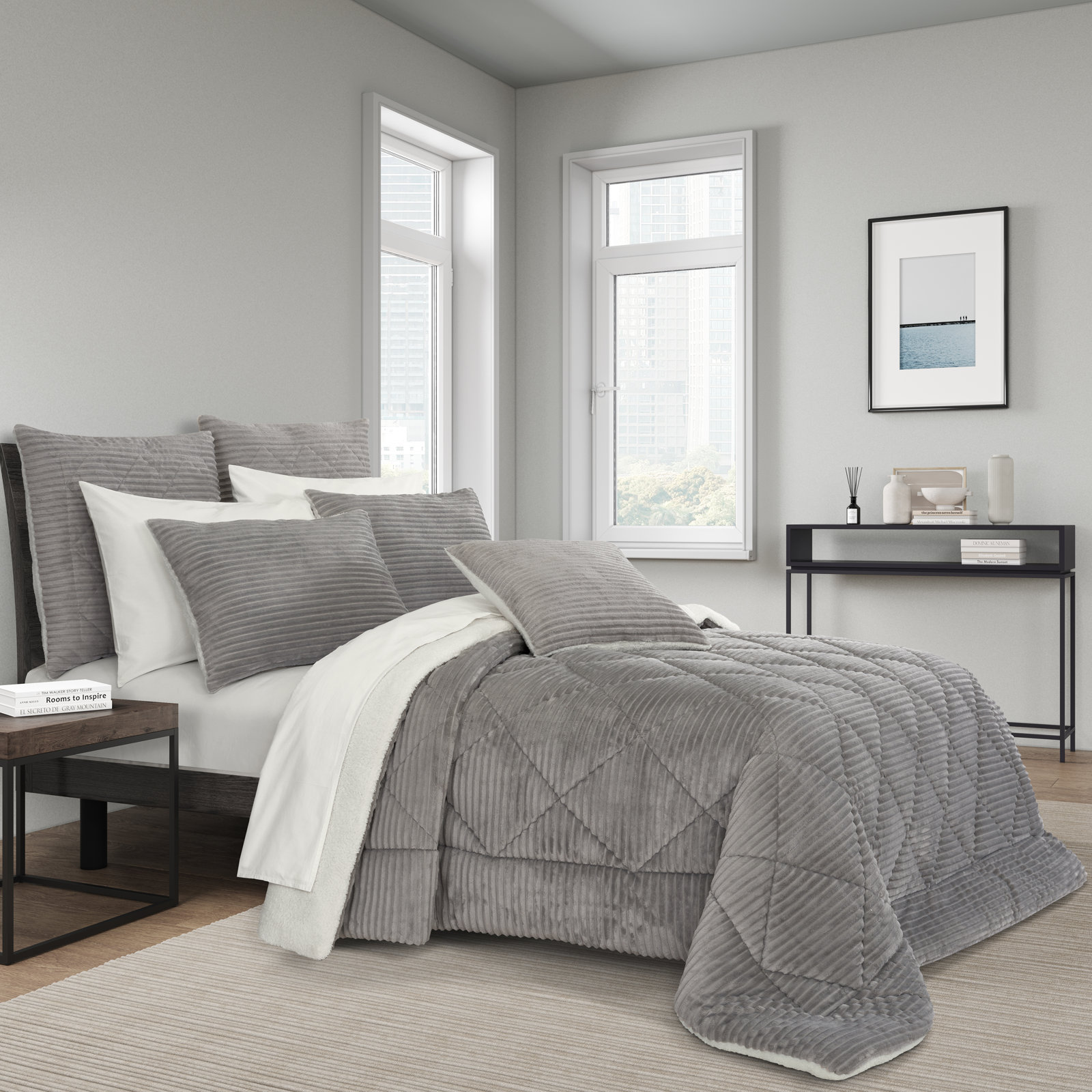 Everett Cotton Comforter Set, Queen Comforter + 2 Standard Shams, Light Gray