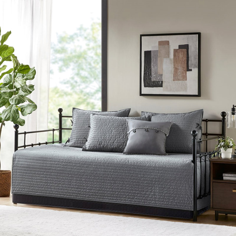 Grey Reversible Daybed Cover - 6 Piece With Plaid Cover, 15-Inch Drop , Shams, And Decorative Pillow Microfiber, Cotton Blend (6) 3 90% Filling, Fabric, Machine Washable