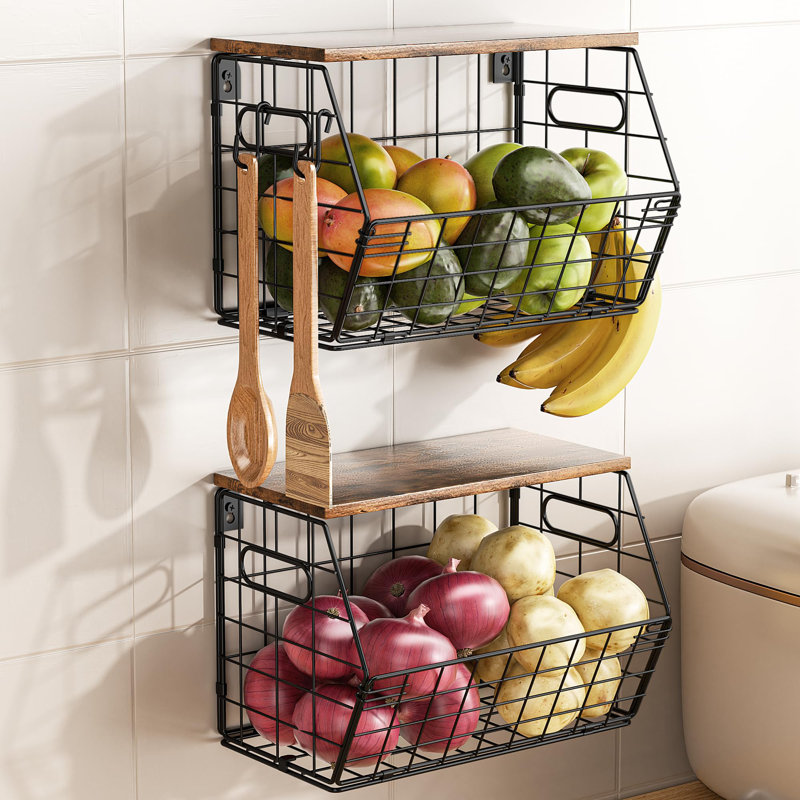Panier de fruits empilable en métal avec couvercle en bois, paquet de 2, organisateur mural suspendu pour comptoir de cuisine, rangement pour garde-manger pour oignons, pommes de terre, ail, fruits, épices, noir