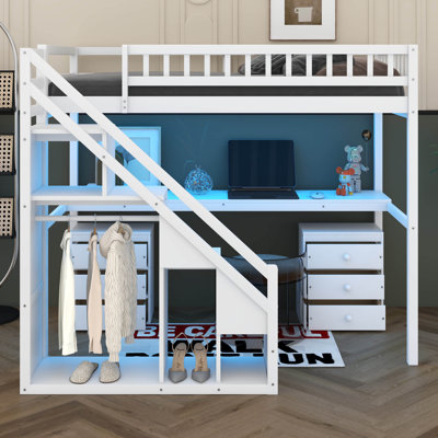 Lit mezzanine avec deux commodes, bureau et bande lumineuse, lit mezzanine en bois avec escalier de rangement et tablettes