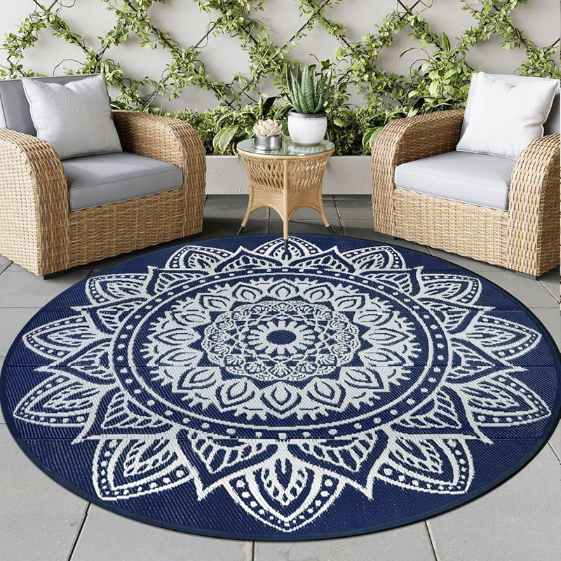 Round Outdoor Patio Rugs 8Ft Blue Reversible Plastic Straw Rug with Carry Bag Lightweight Floor Mat for Patio Camping Picnic Backyard RV