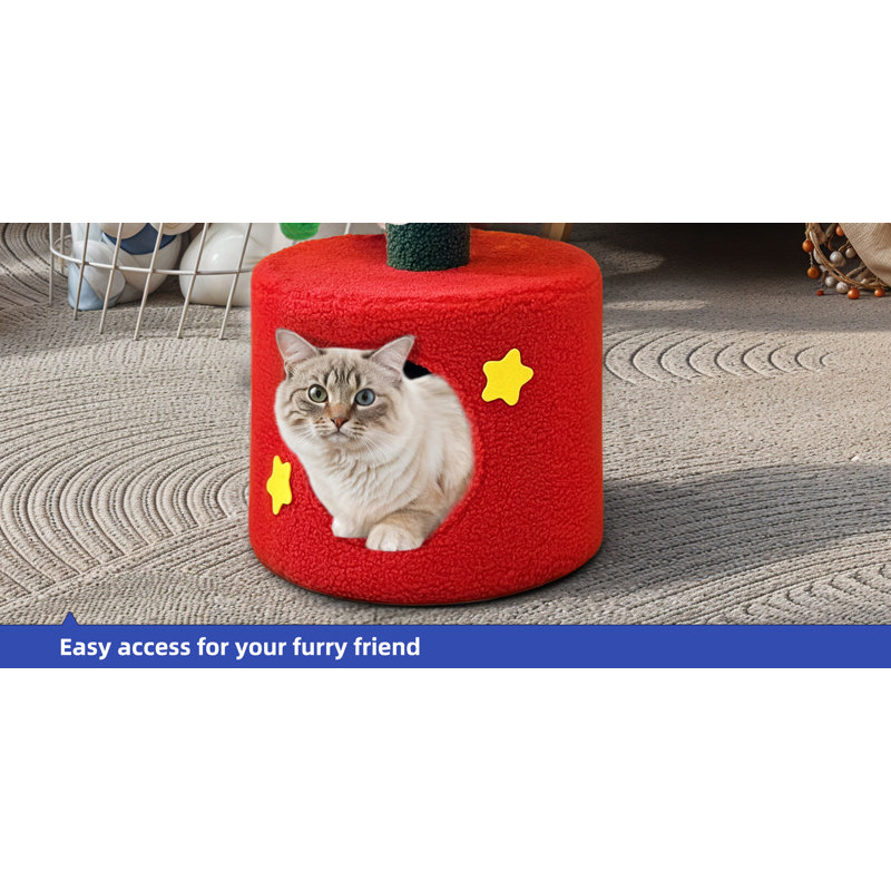 Festive Green and Red Sisal Christmas Cat Tree with Hideaway Cave