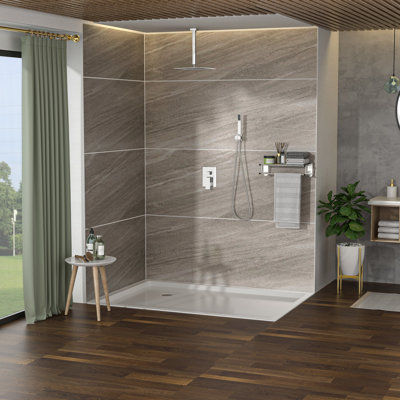 Douche - Pommeau double carré de 40 cm (16 pouces) fixé au plafond avec robinetterie équilibrée, effet pluie et douchette à main, installation facile, finition résistante à la lubrification et aux taches