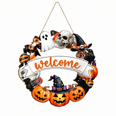 11×10.7 Inch Halloween Welcome Wooden Wreath Door Hanger, Ghost Skull Pumpkin Black Cat Witch Hat Round Wood Sign for Front Porch Halloween Decor