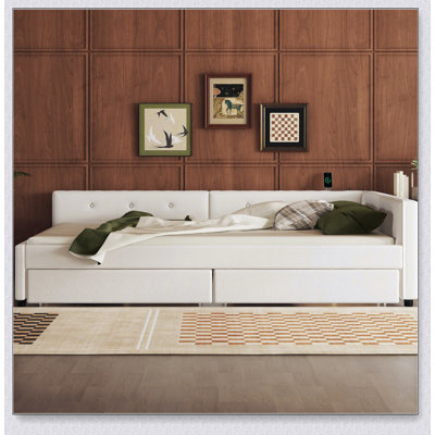 Upholstered Platform Bed With USB And 2 Drawers, Beige