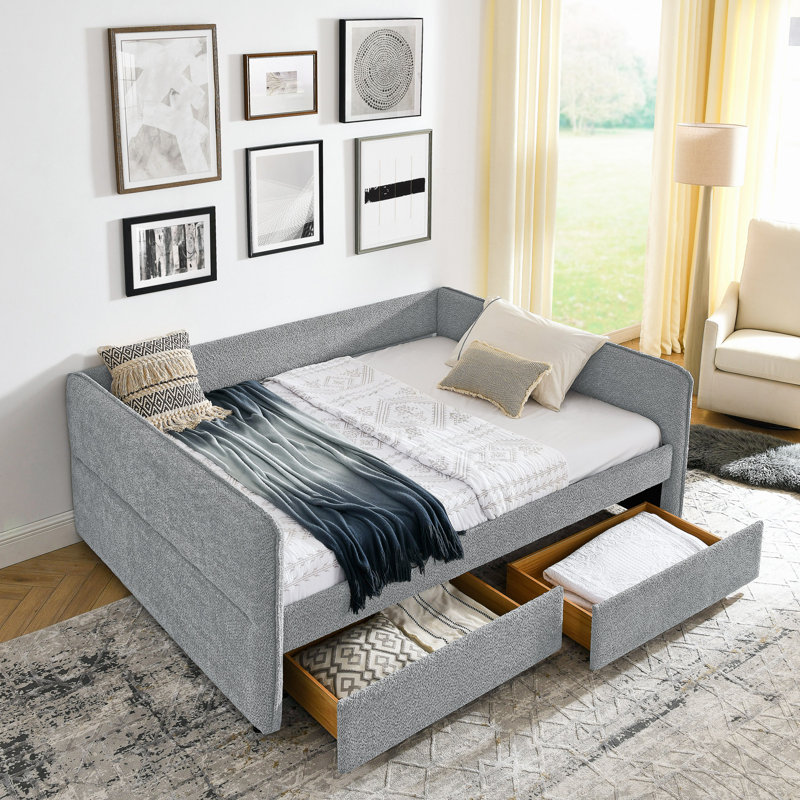 Daybed With Trundle Upholstered Tufted Sofa Bed, With Two Drawers,Boucle Fabric(88"X65.5"X29.5"), Gray