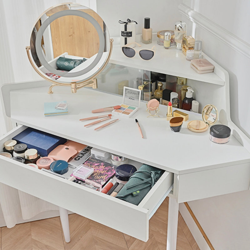 Meuble-lavabo de coin moderne avec grand rangement, miroir DEL et tabouret, luminosité réglable, peu encombrant