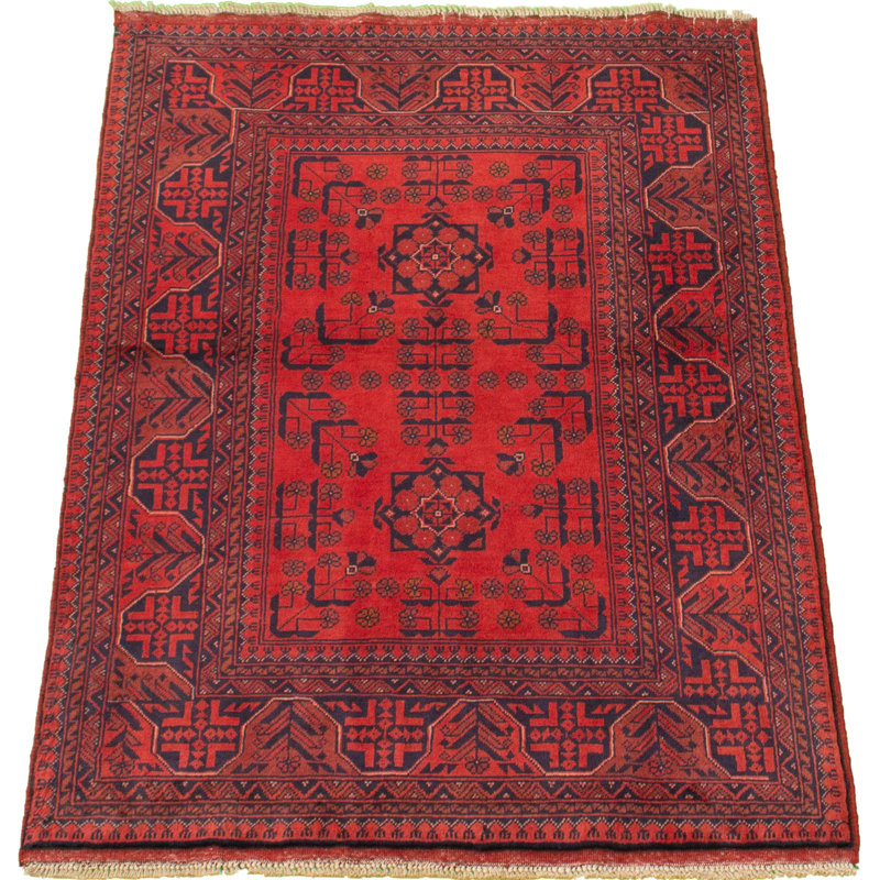 Tapis de zone en laine rouge 3 pi 4 po x 4 pi 11 po one-of-kind à la main-noué la 2010 esari turque Allaina