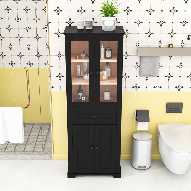 Armoire de rangement pour salle de bain avec portes en verre trempé, tablettes réglables et tiroir, Noir