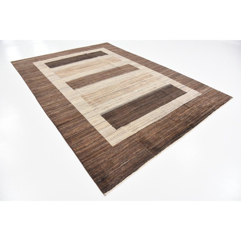 Tapis de la surface en laine brun/beige 6 pi 8 po x 9 pi 6 po one-of-kind à la main noué la new age Nash