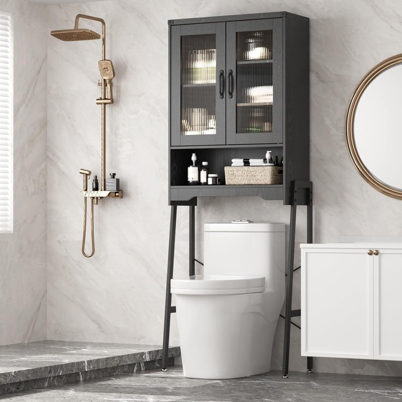 Over The Toilet Storage Cabinet With Tempered Glass Doors & Metal Stand, Black