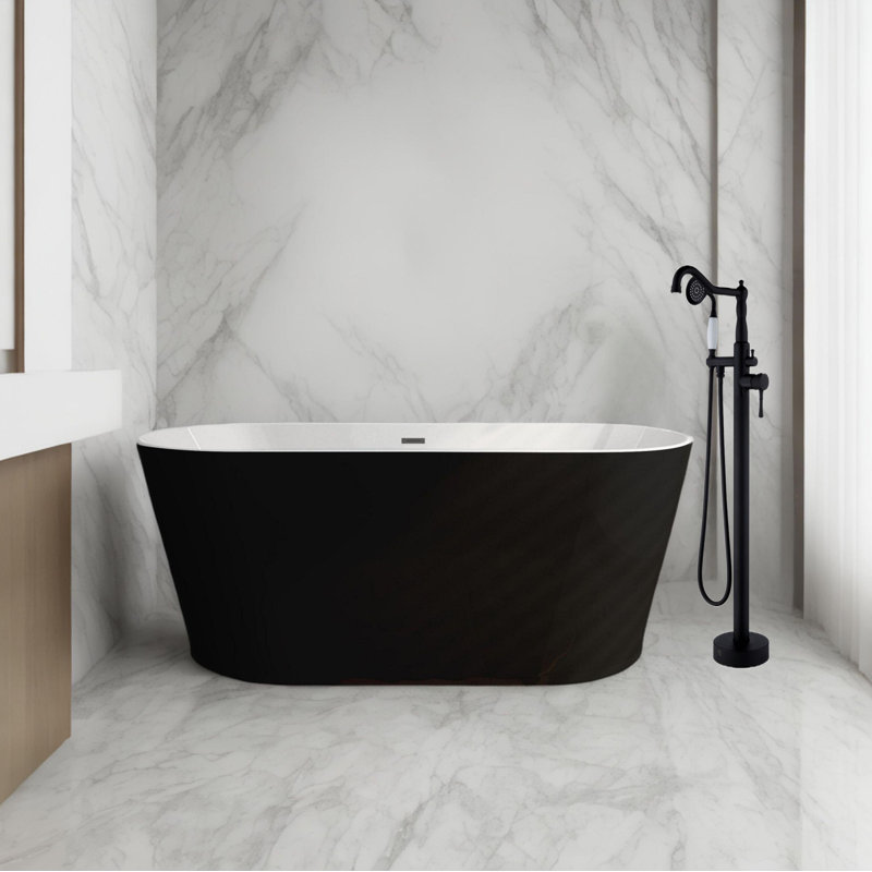 59" X 29.5" Acrylic Freestanding Bathtub, Stand Alone Soaking Tub, Toe-tap Chrome Drain, Black/White
