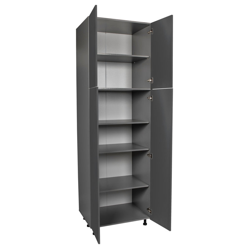 Armoire utilitaire 36 po x 96 po - Quatre portes - Avec porte en teck naturel, Gris lustré, H 84 po x l 24 po