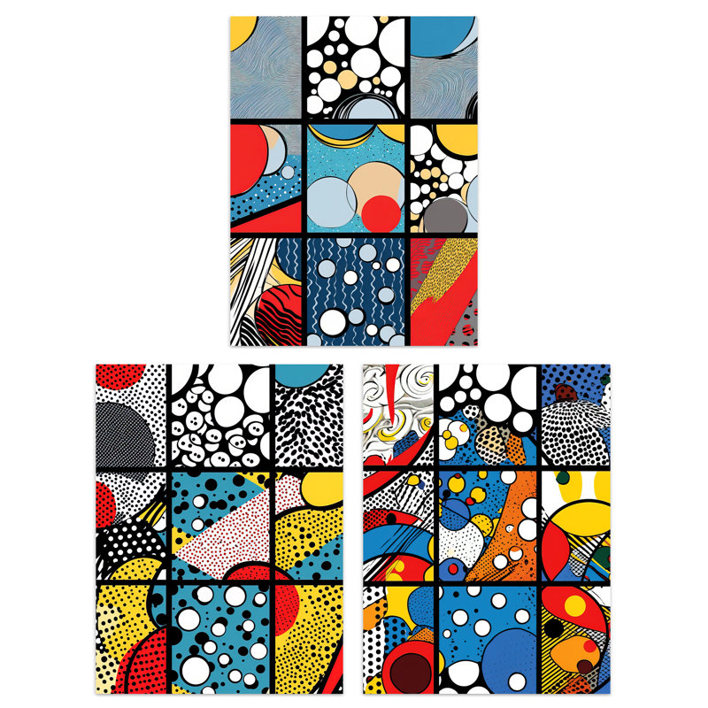 Abstract Pop Art Vibrant Artwork Bubbles Lines and Patterns 3 Piece Wall Art, 29.7cm H x 21cm W x 0.4cm D