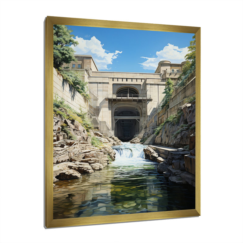 Barrage, structure, symétrie architecturale - décor mural de paysages urbains, H 20 po x l 12 po x P 1 po, Encadrement doré