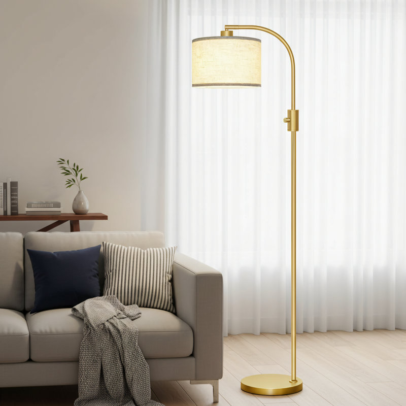 Upgraded Gold Modern Curved Dimmable Floor Lamp With Linen Lampshade Design. Includes A 1200-Lumen LED Bulb. Suitable For Living Rooms, Studies, Bedrooms, Offices, And Children's Rooms.