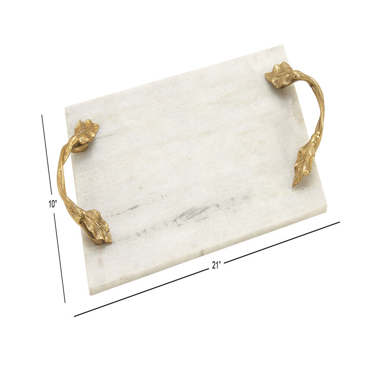 Elegance White Marble 21" x 10" Tray with Gold Leaf Handles