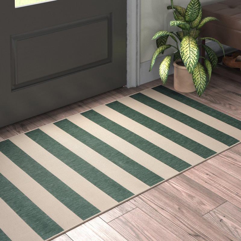 Kempston Striped Beige/Dark Green Outdoor Area Indoor/Outdoor Area Rug, Rectangle 2'7" x 5'