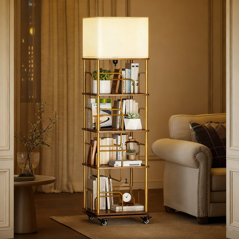 Lampe sur pied à 360 ° avec 4 tablettes et roulettes, unité de rangement d'éclairage multimode pour le salon et la chambre à coucher