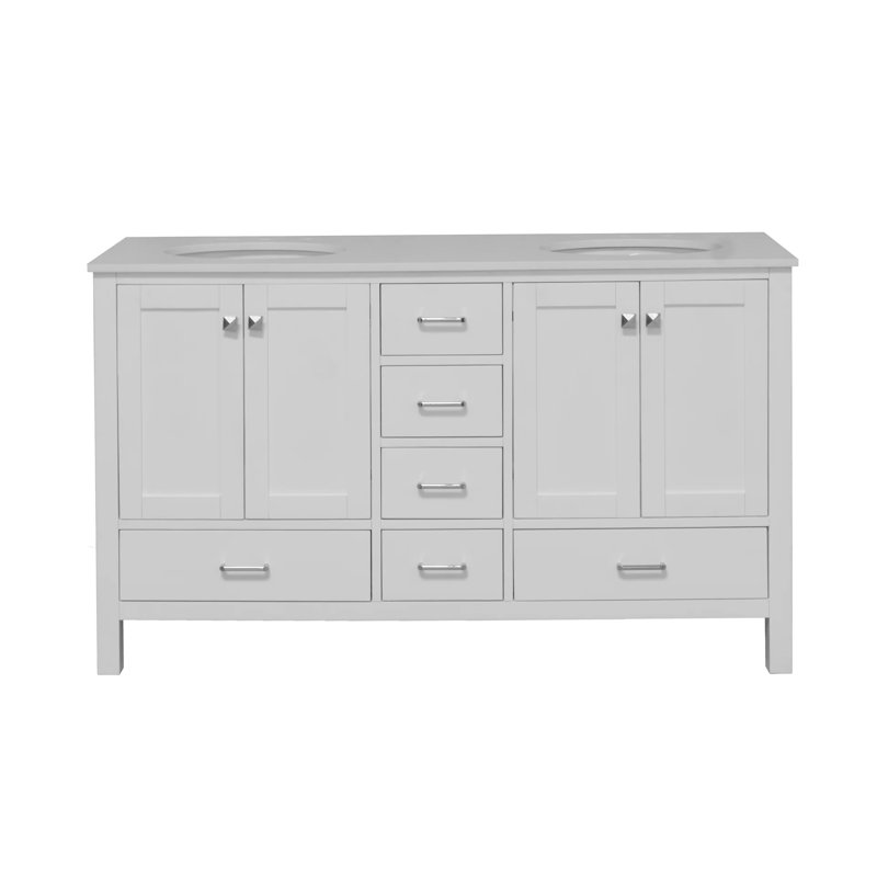 Ensemble de meuble-lavabo double 60 po Claudett, Blanc, Blanc d'ingénierie