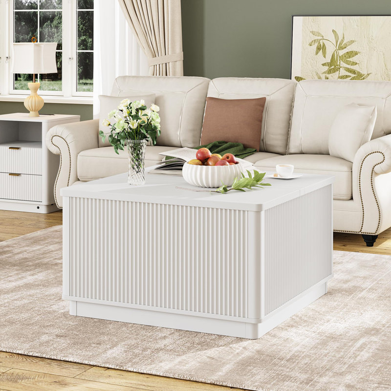 Modern Lift Top Coffee Table With Storage, Square Coffee Tables With LED Lighting And Power Outlet, Wooden Square Center Table For Living Room Home Office