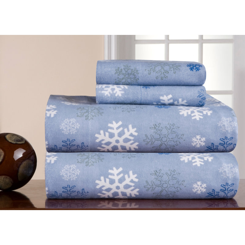 Full Snowflake Blue Cotton Flannel Sheet Set