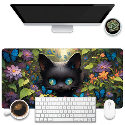 Sous-main pour bureau, tapis de bureau pour chat noir mignon, grand tapis de souris de jeu Cat parmi les fleurs de papillons pour bureau, grand tapis de souris pour ordinateur avec base antidérapante et bord piqué, 15,75 po x 31,5 po