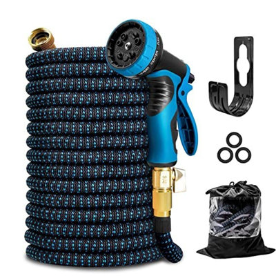 KOTTO Expandable Garden Water Hose, 10 Spray Nozzles, Anti-Rust Solid Brass Connector, Lightweight No-Kink Flexible - Blue 100ft