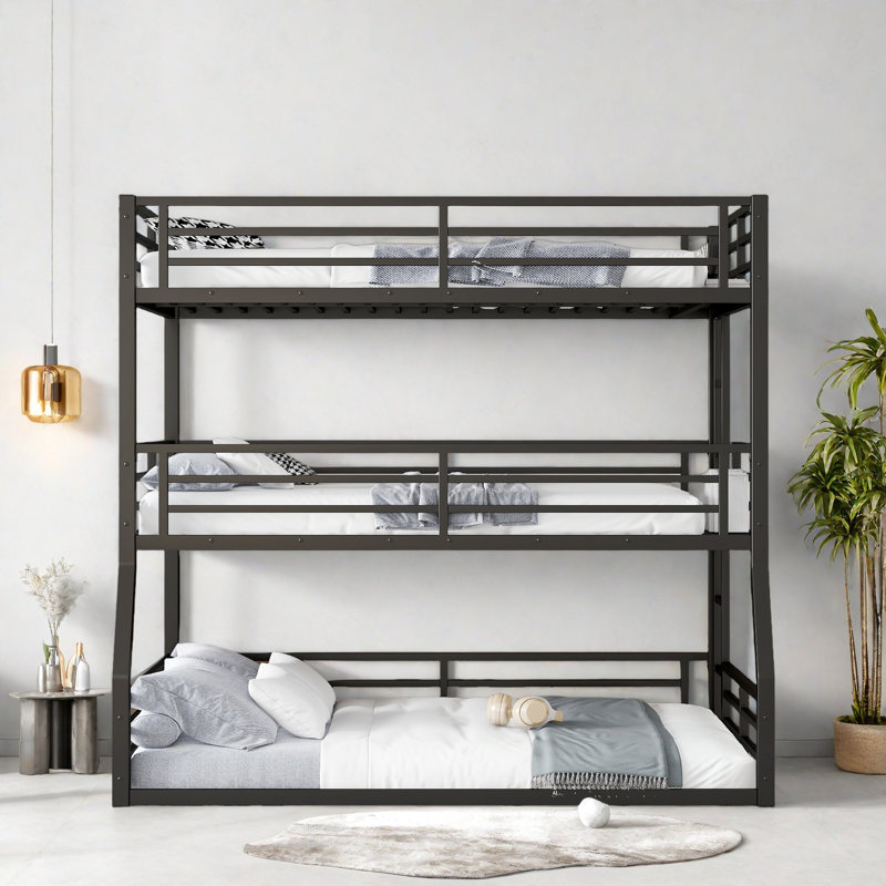 Full/Full XL Over Queen Over Queen Bunk Bed, Metal Triple Bunk Bed With Safety Guardrails, Heavy-Duty Bunk Bed With Noise-Reduced Design